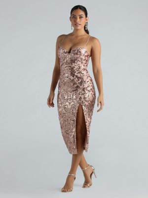 Meilani Formal Sequin Scroll Slit Midi Dress