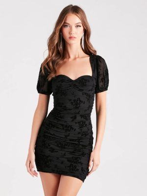 Terra Flocked Velvet Puff Sleeve Mini Dress