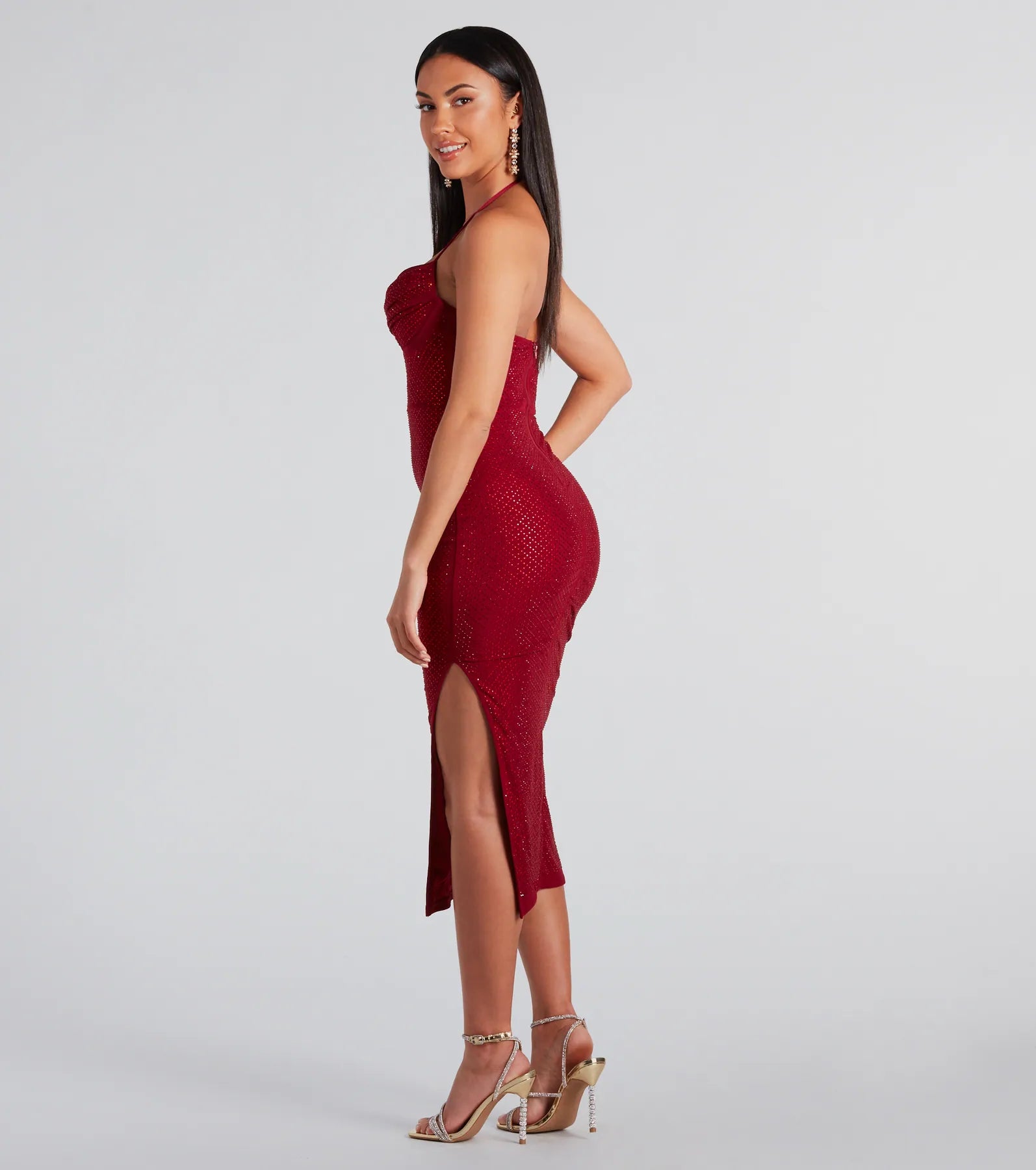 Josie Formal Rhinestone Cowl Halter Midi Dress - Image 6