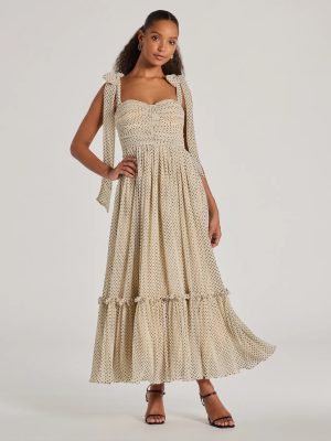 Marnie Sweetheart Tie Strap Polka Dot Formal Midi Dress