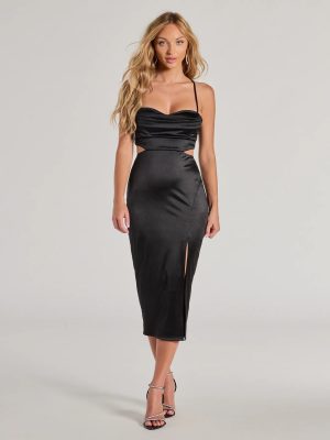 Leona Satin Lace-Up High Slit Midi Dress