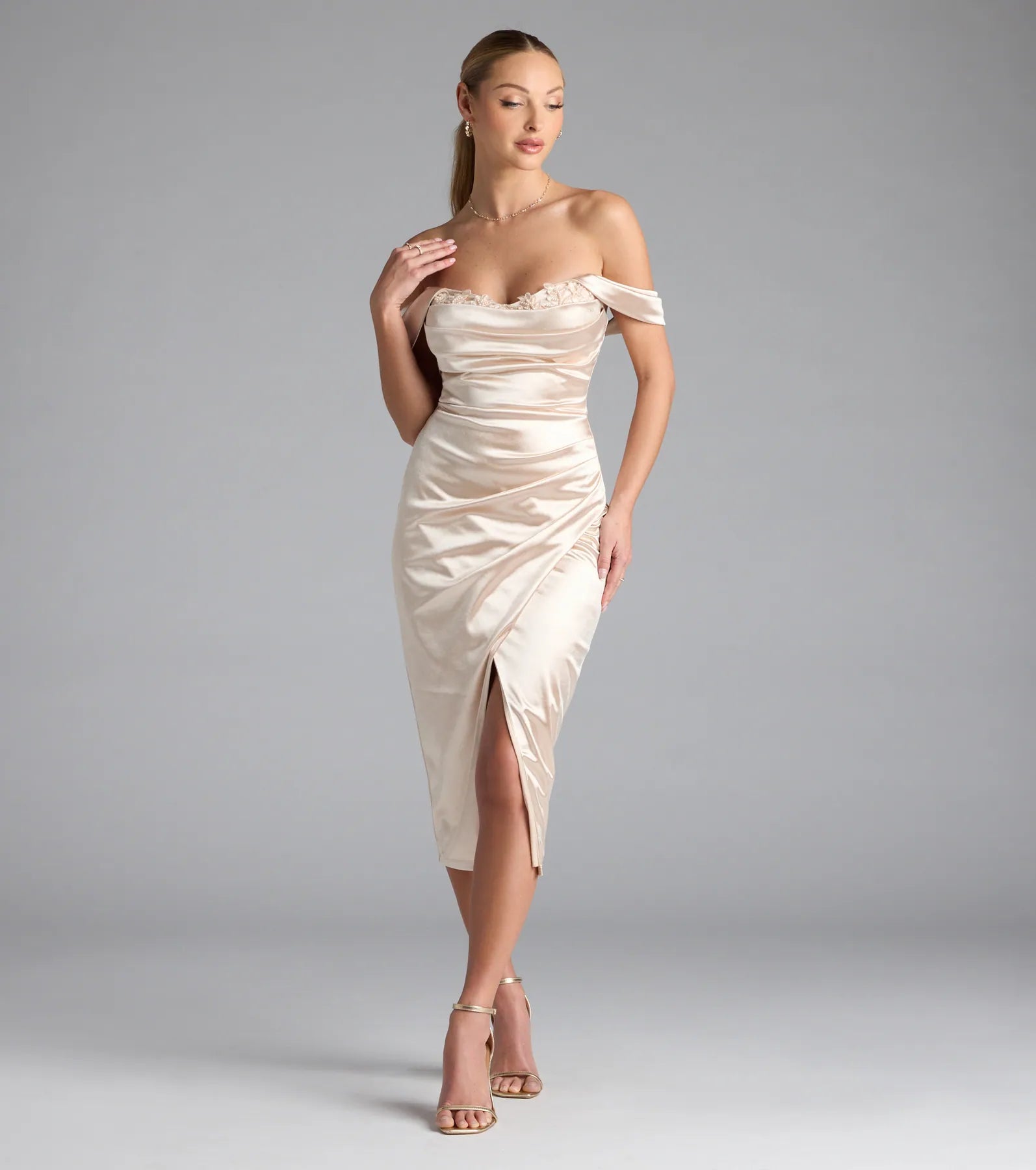 Martine Off-The-Shoulder Midi Satin Formal Dress - Image 9