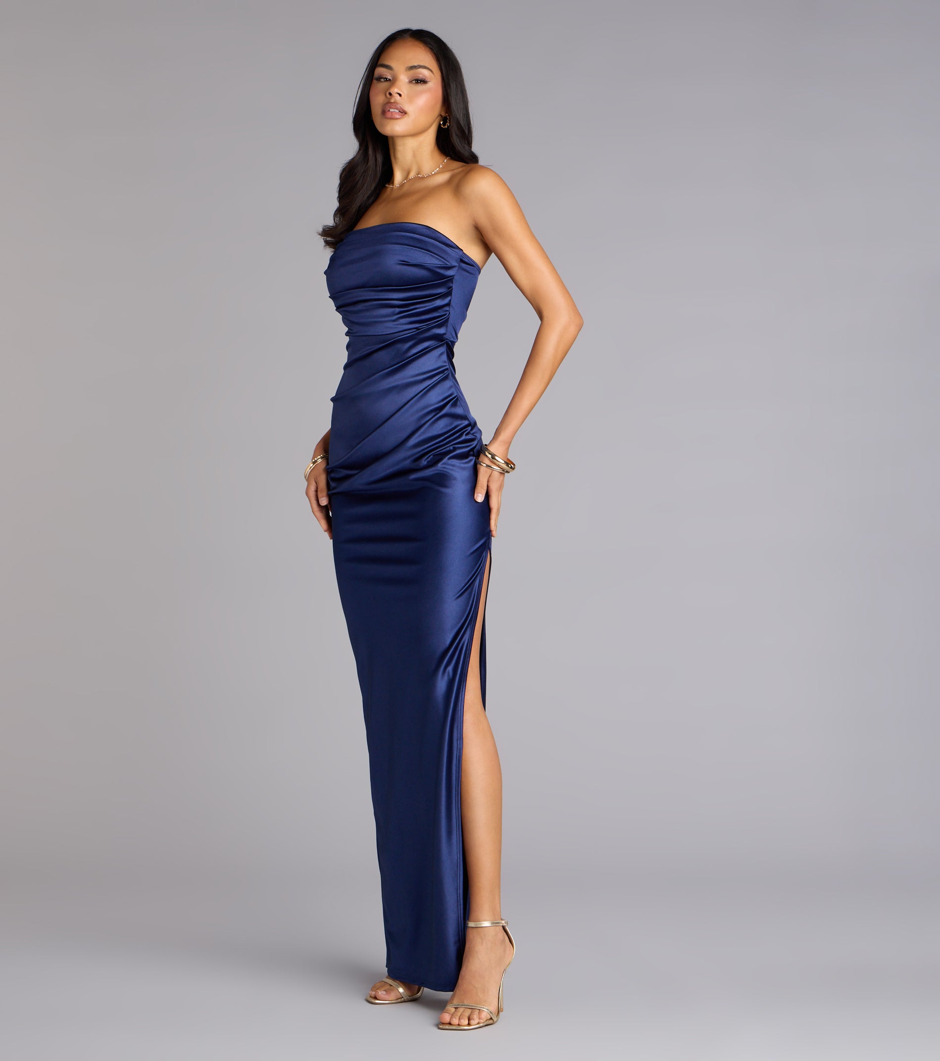 Brianna Satin Strapless High Slit Column Dress - Image 20