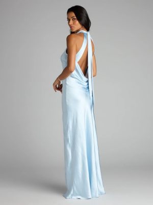 Andie Halter Open Back Slit Satin Formal Dress