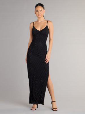 Arianna Rhinestone Mesh High Slit Column Dress
