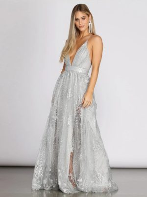 Janica Plunging Glitter A-Line Dress