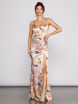 Taylor Satin Floral High-Slit Dress