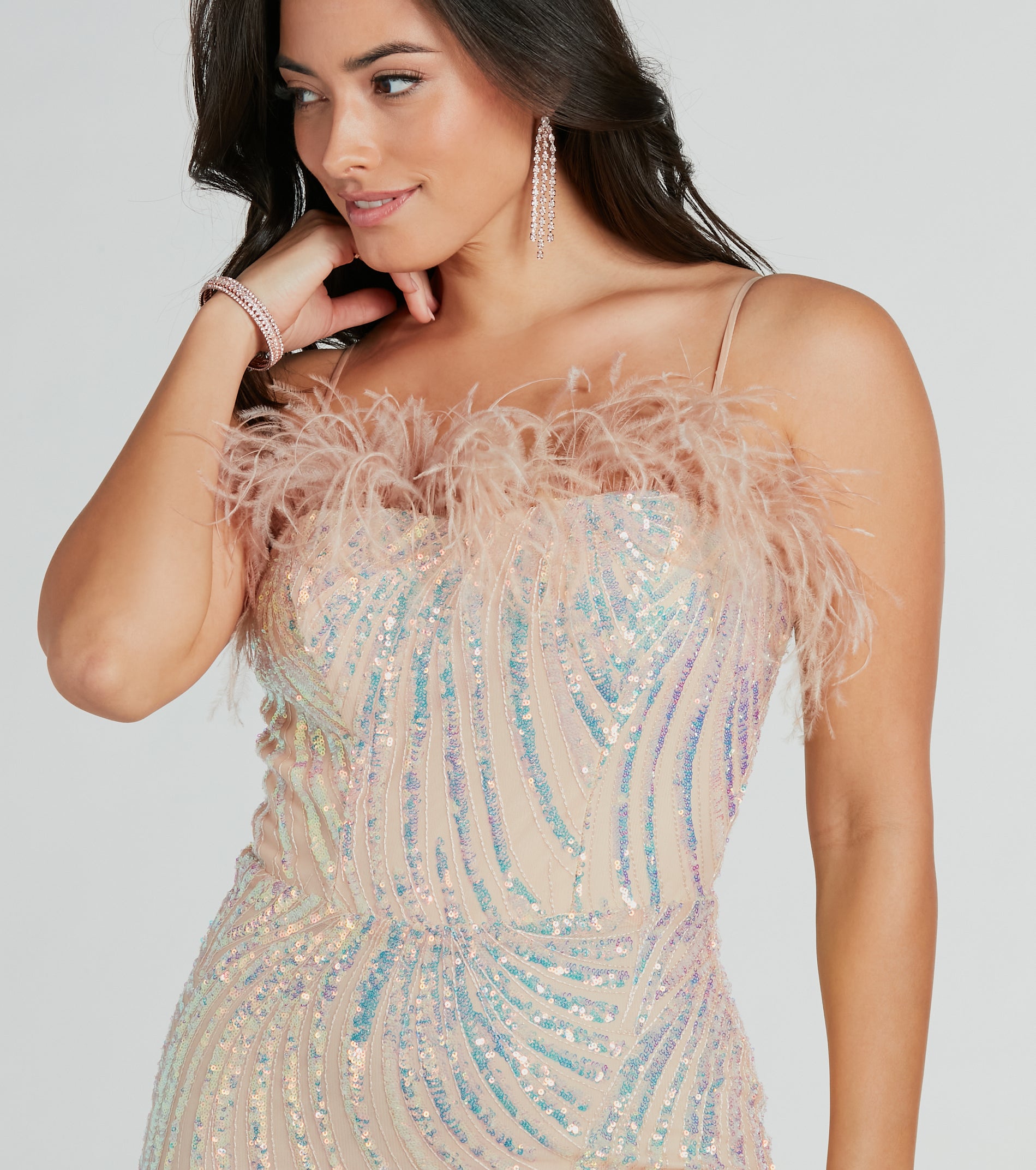 London Formal Sequin Feather Mermaid Dress - Image 4