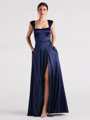 Lisa Satin High Slit A-Line Formal Dress