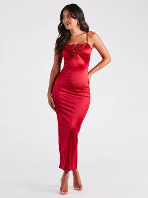 Leia Rosette Applique Long Satin Formal Dress