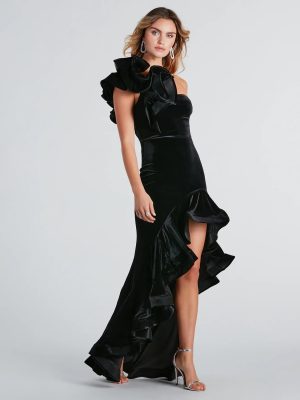 Beatrice Formal Velvet Ruffle High Low Dress