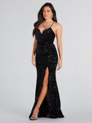 Giselle Formal Sequin Velvet Lace-Up Dress