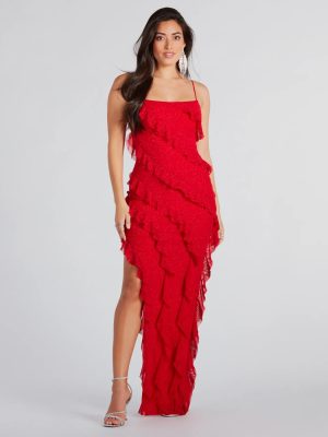 Janelle Ruffle High Slit Glitter Mesh Formal Dress