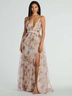Clarissa V-Neck Rose Floral A-Line Formal Gown