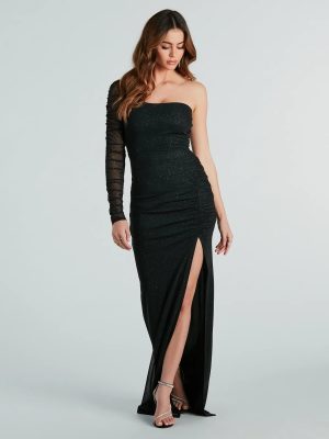 Aliana Glitter Mesh One-Shoulder Long Formal Dress