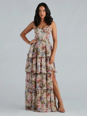 Natalie Formal Chiffon Floral Ruffle A-Line Dress