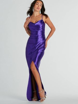 Stephanie Cowl Neck Wrap Satin Formal Dress