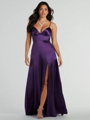 Haley Corset Slit A-Line Satin Formal Dress
