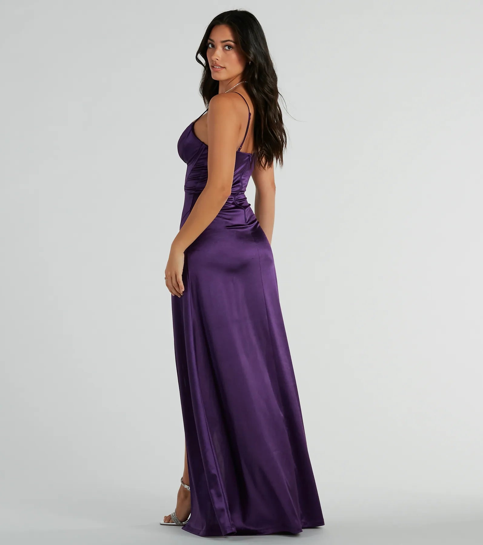 Haley Corset Slit A-Line Satin Formal Dress - Image 2
