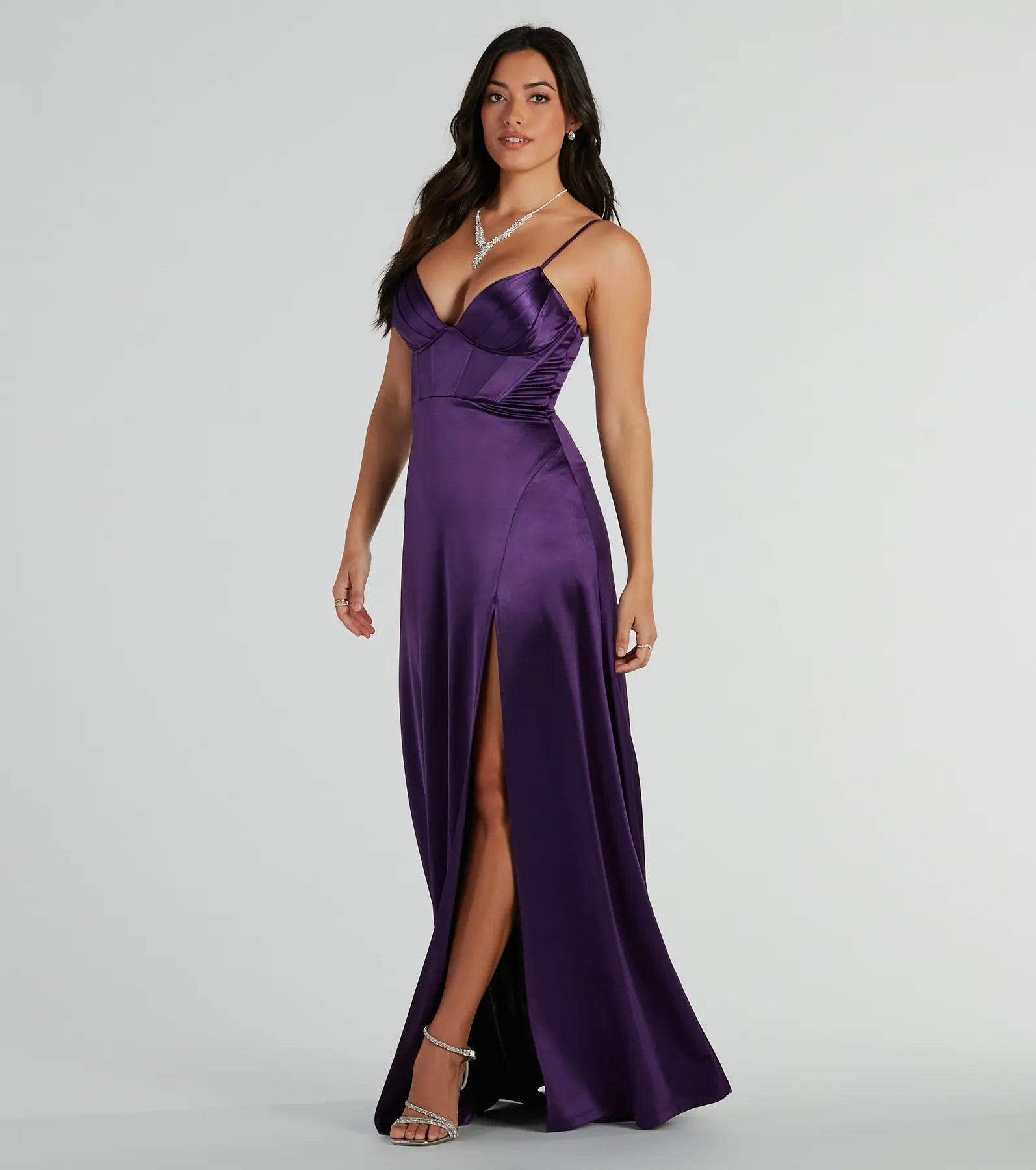 Haley Corset Slit A-Line Satin Formal Dress - Image 4
