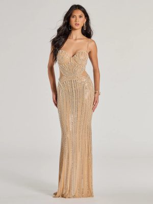 Gianna Rhinestone Pearl Sheer Mesh Formal Dress