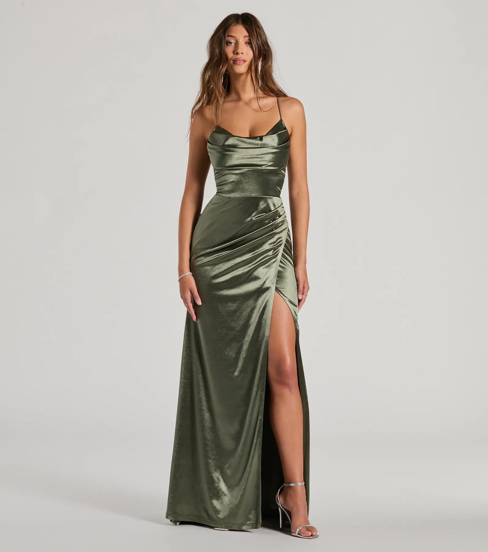Dani Cowl Neck Lace-Up A-Line Satin Formal Dress - Image 5