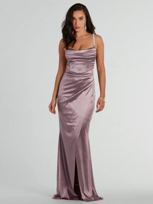 Sam Faux Pearl Strap Mermaid Satin Formal Dress