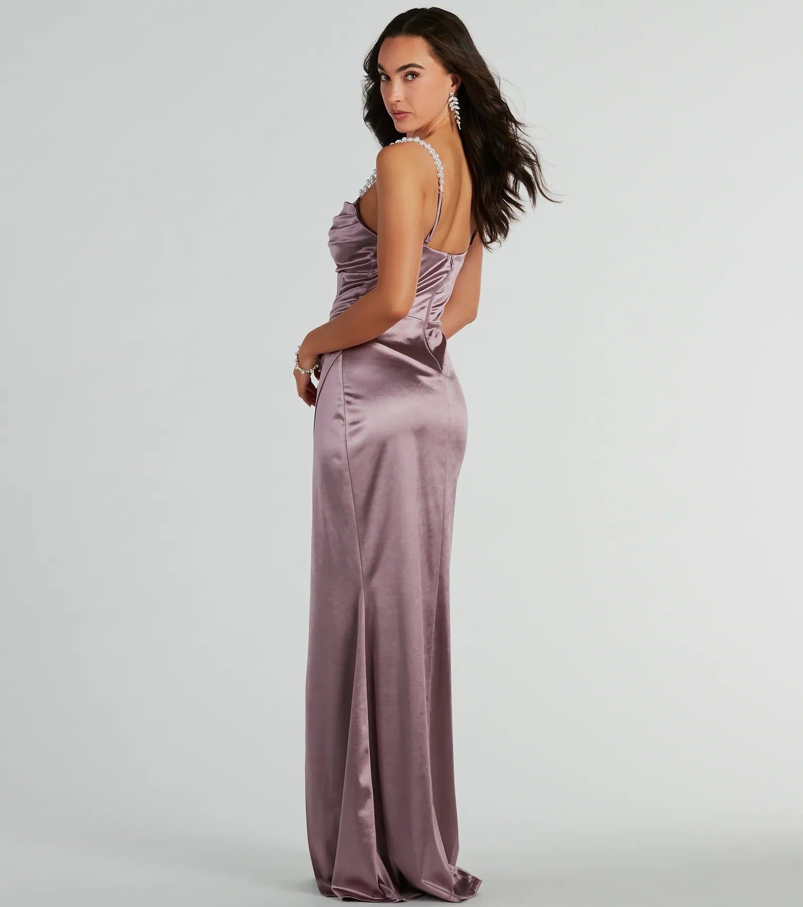 Sam Faux Pearl Strap Mermaid Satin Formal Dress - Image 2