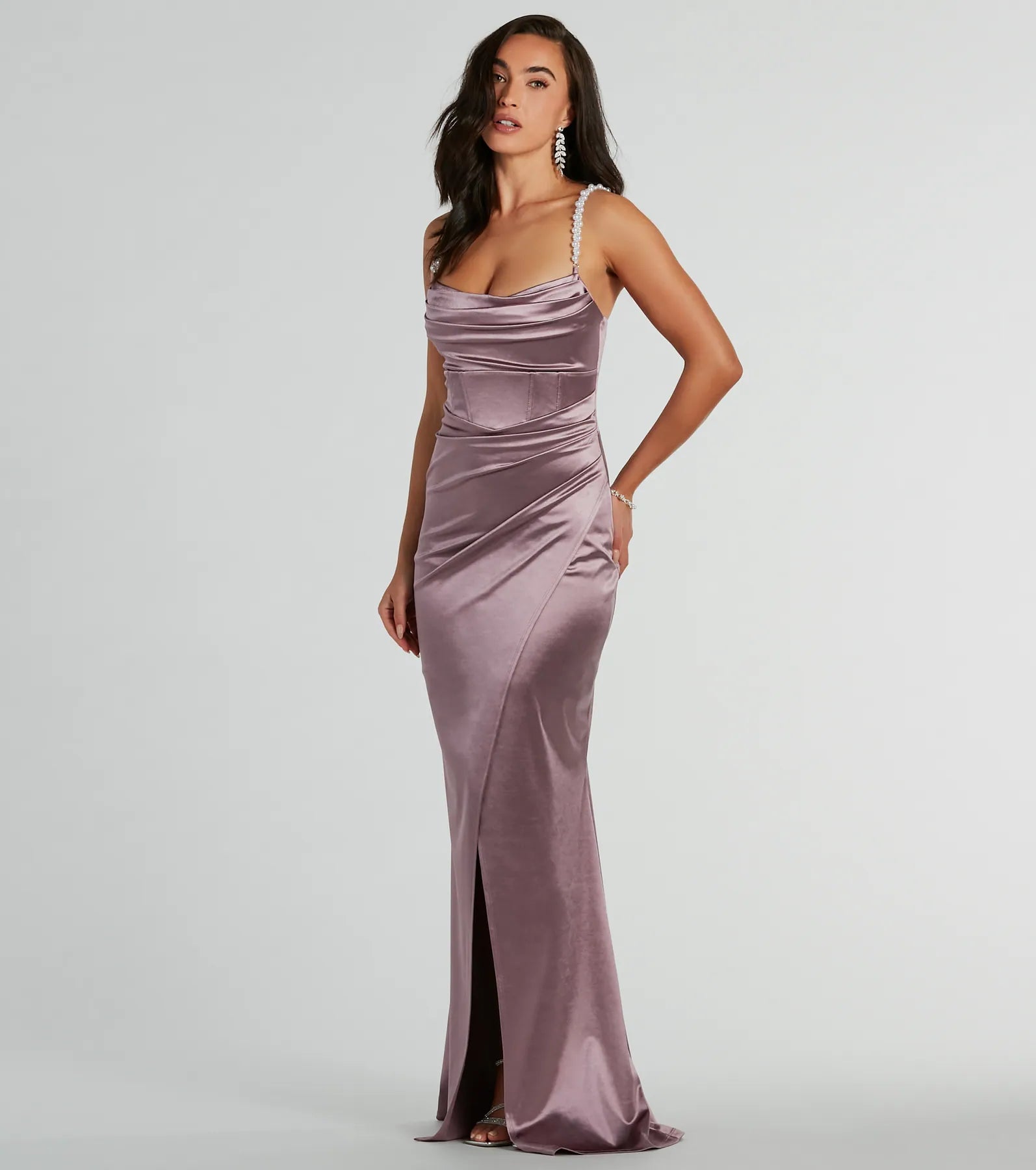 Sam Faux Pearl Strap Mermaid Satin Formal Dress - Image 4