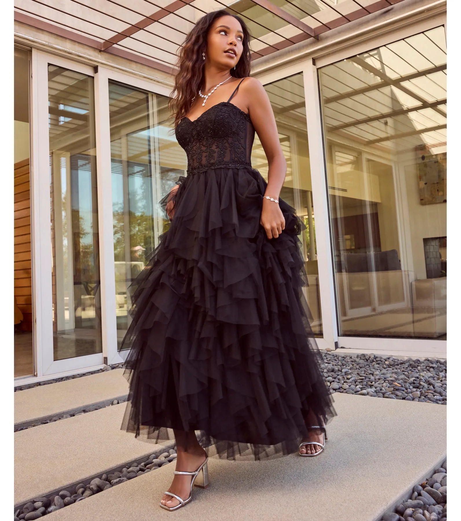 Keyla Floral Applique Tiered Ruffle Tulle Gown - Image 5