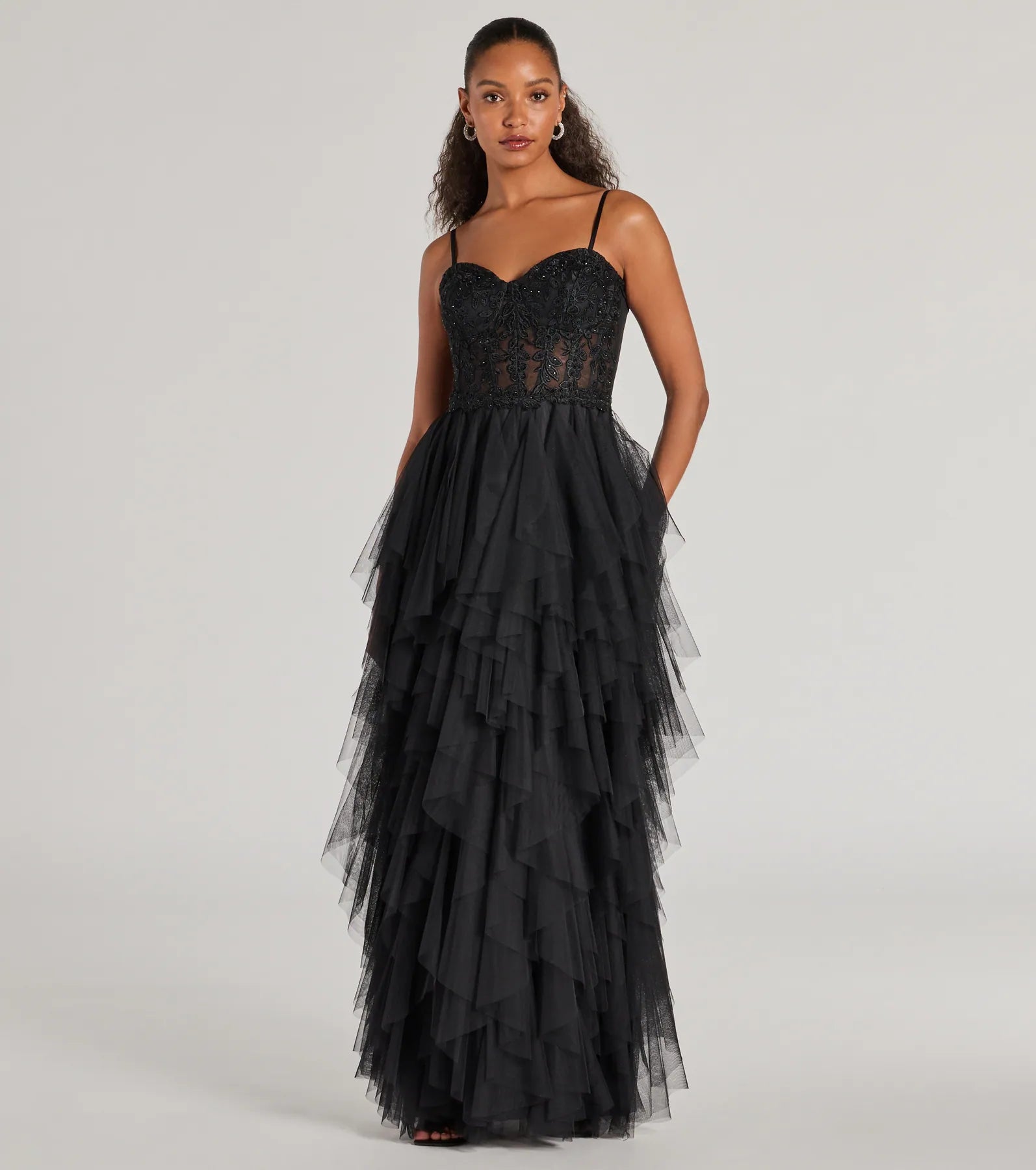 Keyla Floral Applique Tiered Ruffle Tulle Gown - Image 6