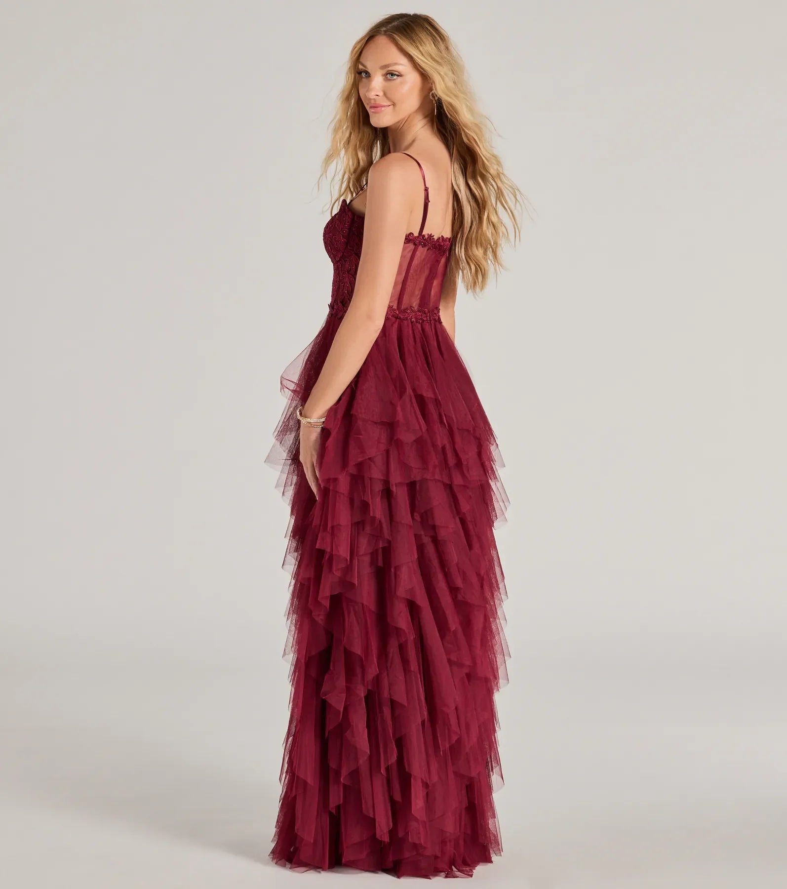 Keyla Floral Applique Tiered Ruffle Tulle Gown - Image 12