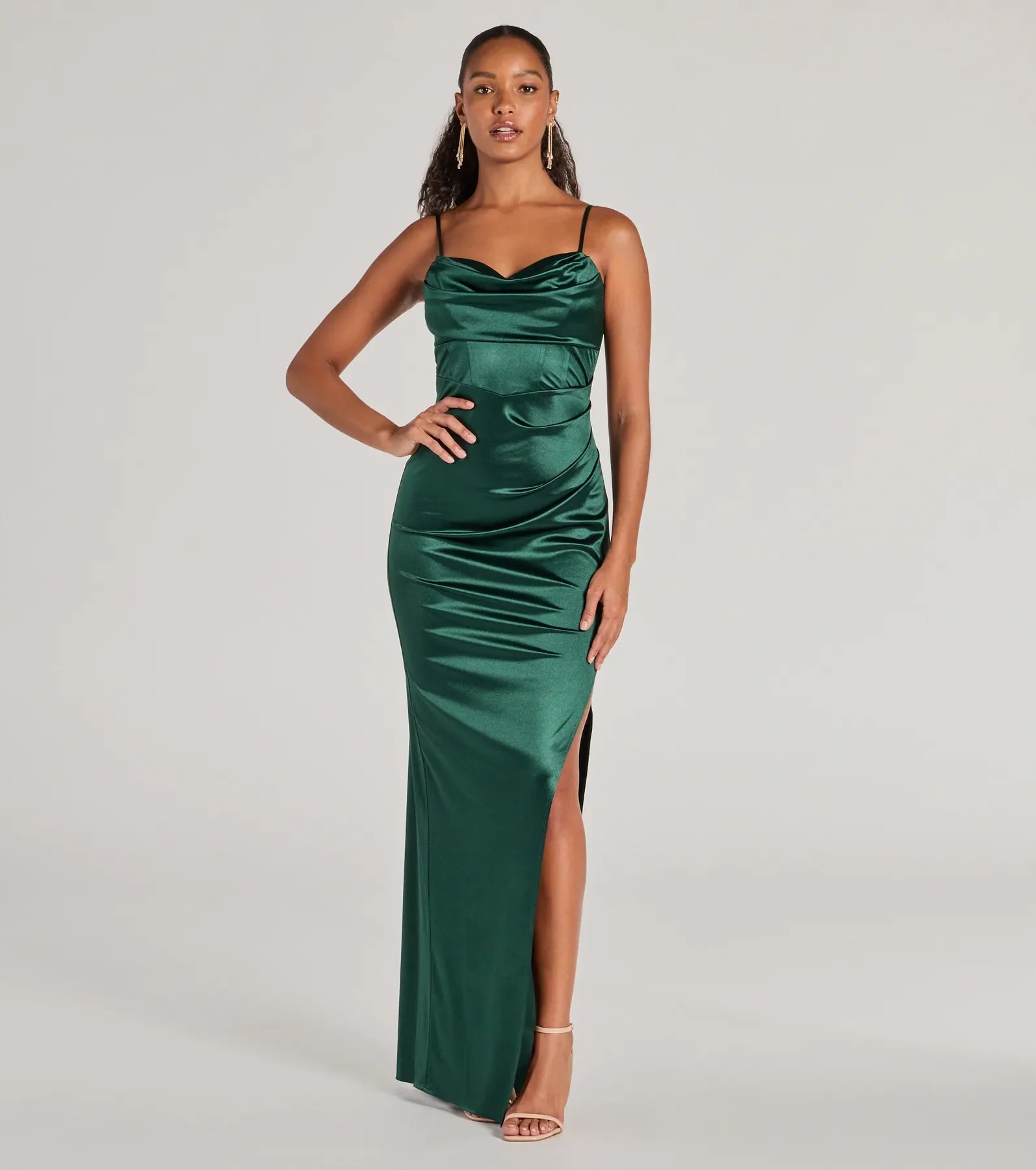 Iliana Cowl Neck High Slit Satin Column Dress - Image 16