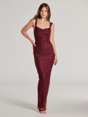 Amora Glitter Mesh High Slit Column Dress