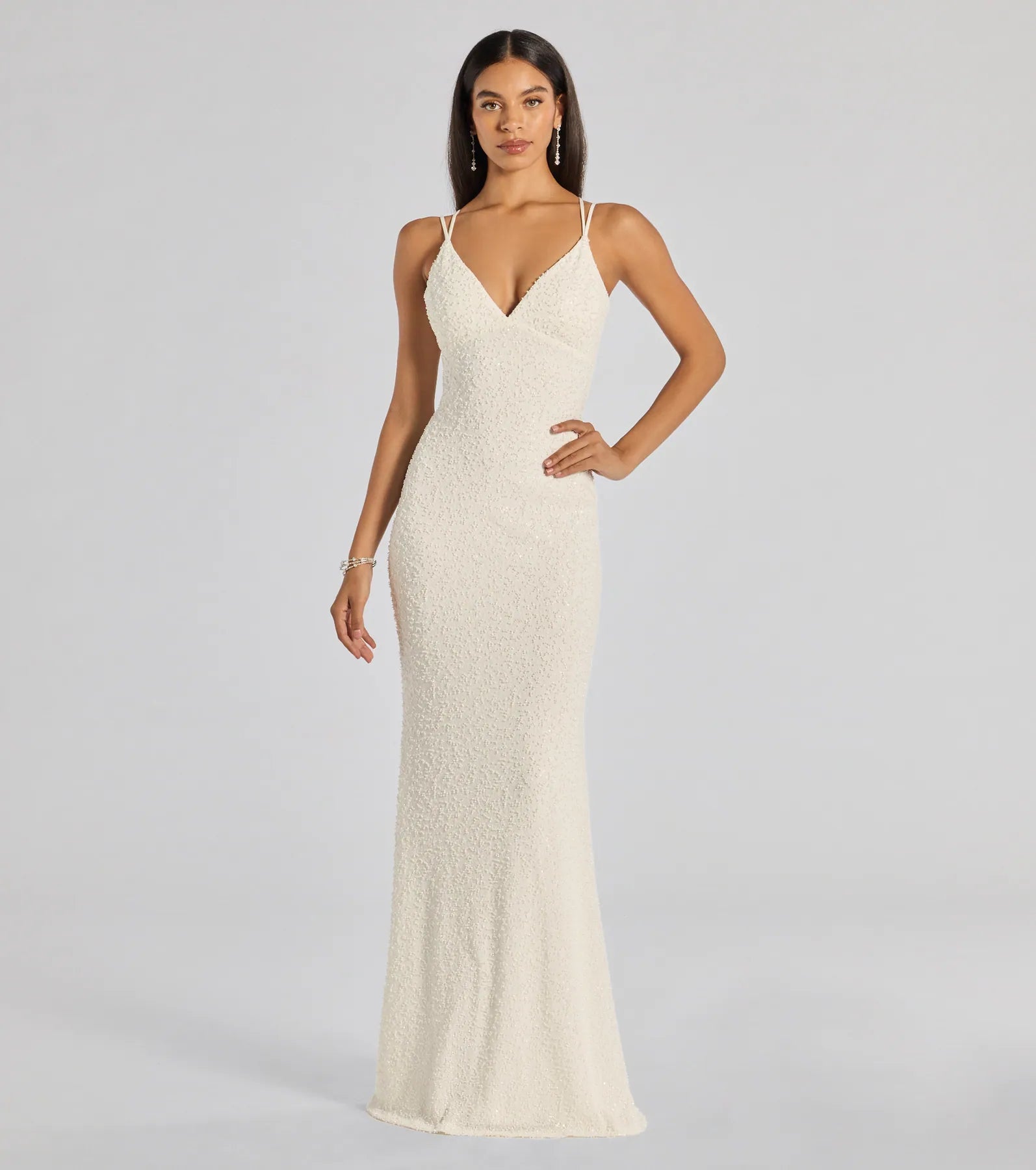 Danni Lace-Up Beaded Lace Column Dress