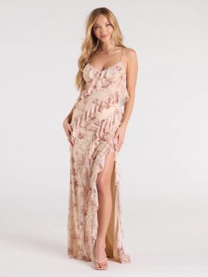 Sancia V-Neck Ruffle Slit Floral Formal Dress