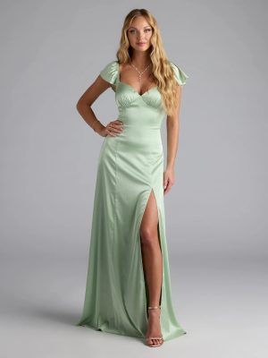 Olessa Short Sleeve A-Line Slit Satin Formal Dress