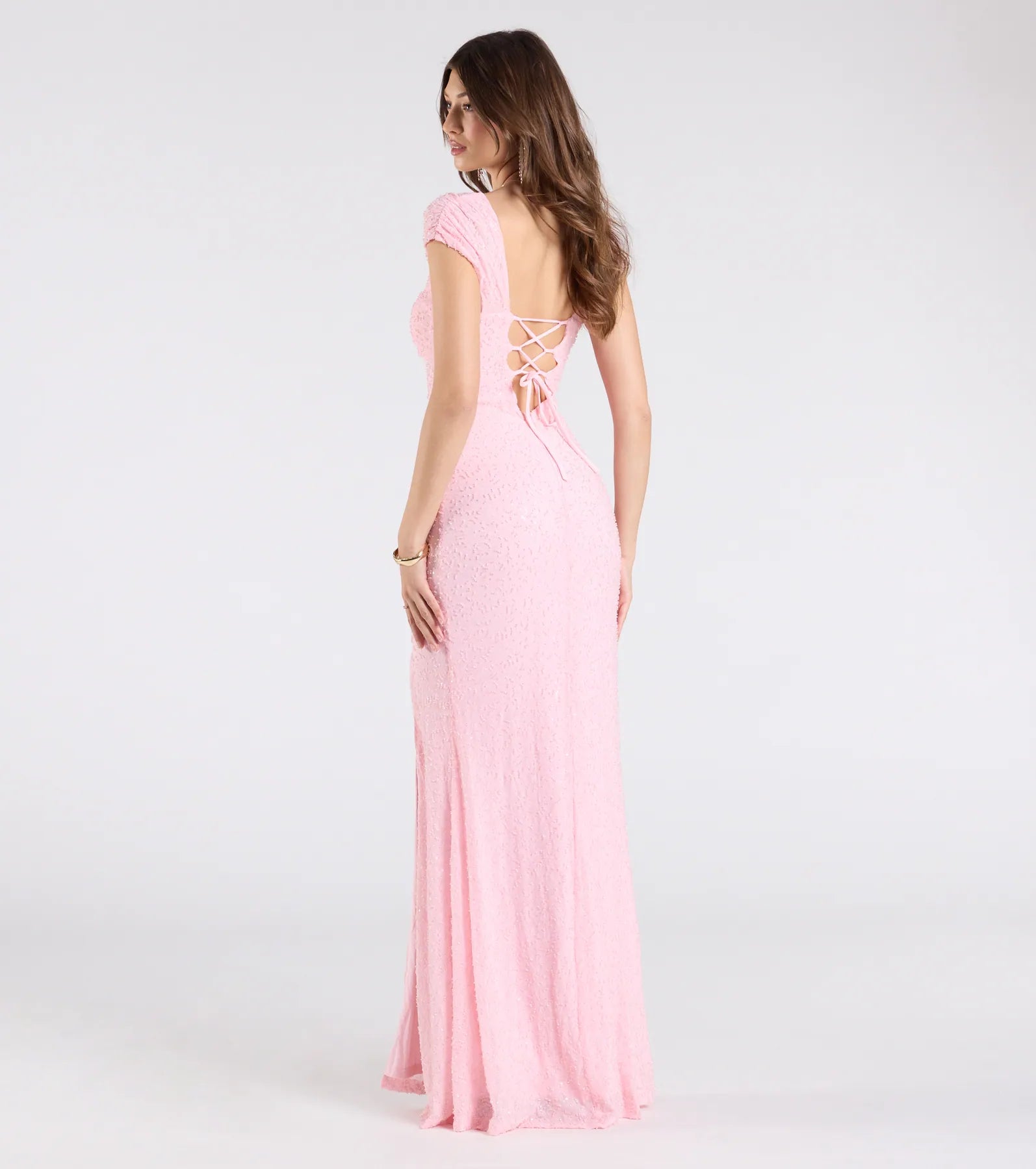 Greta Short Sleeve Lace-Up Slit Beaded Formal Dress - Image 2