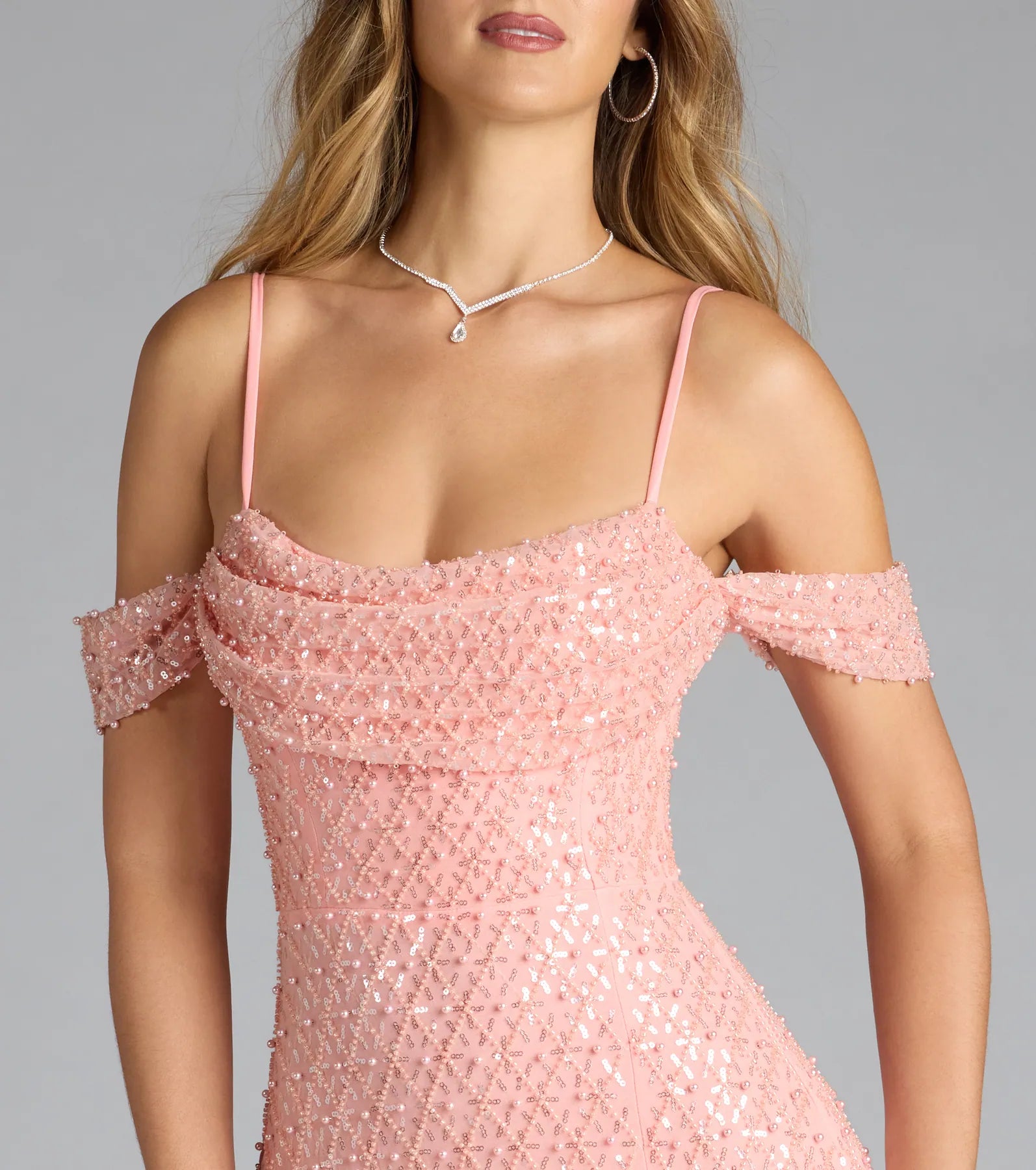 Sophina Cold Shoulder Pearl Beaded Sequin Formal Dress - Image 4