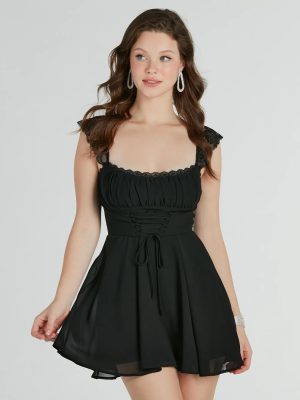 Dainty-Chic Lace-Trim Woven Corset Skater Dress