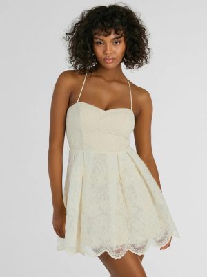 Regal Chic Lace Up Tulle Embroidered Skater Dress