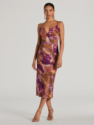 Always Impress Cowl Neck Tie-Dye Satin Midi Dress