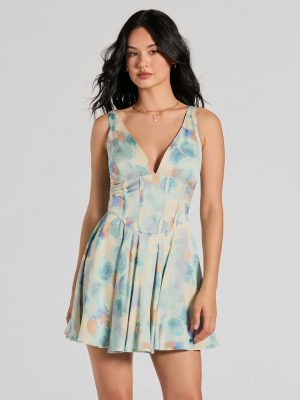 Constant Sensation V-Neck Corset Satin Skater Dress