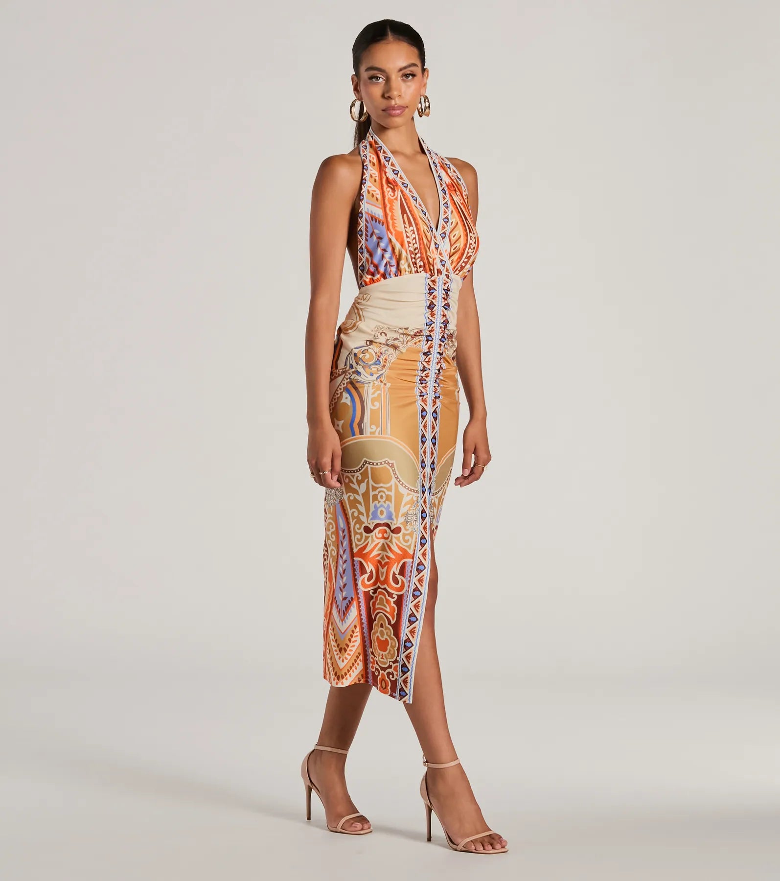 Vibrant Side Geometric Print Bodycon Midi Dress - Image 4