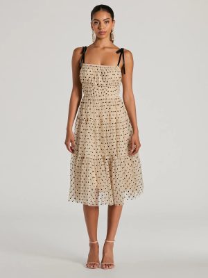 Timeless Look Bow Strap Polka Dot Tulle Midi Dress