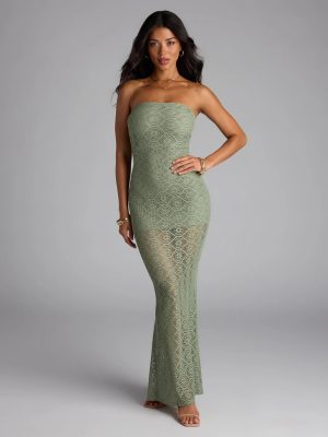 Wanting More Strapless Lace Knit Maxi Dress