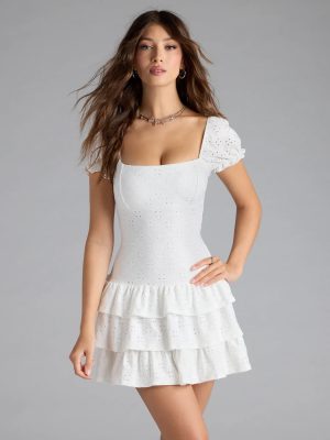 Charming Look Puff Sleeve Ruffled Skater Dress