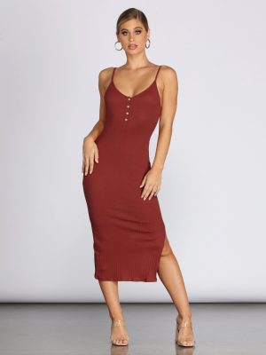 Basic Button Knit Midi Dress