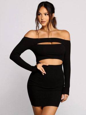 Off The Shoulder Ribbed Knit Cutout Mini Dress