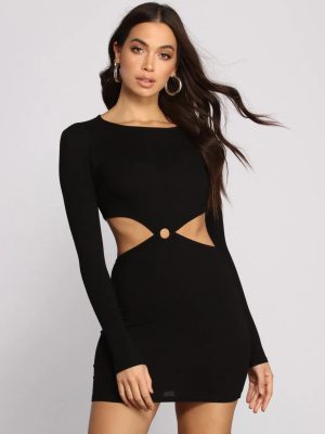 Ribbed Knit O-Ring Mini Dress